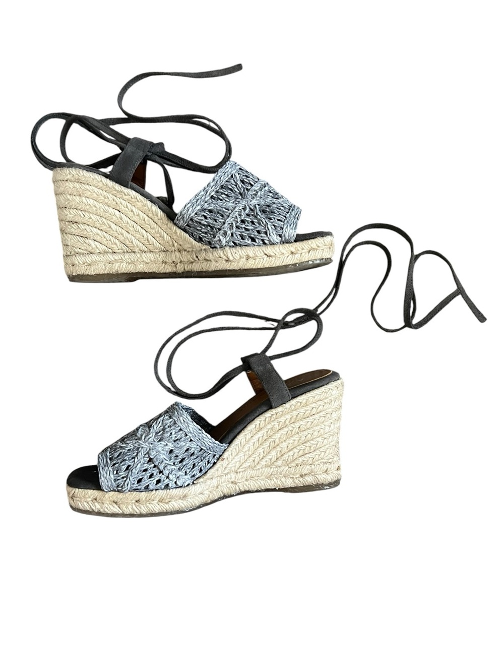 Anthropologie Women’s Blue Woven Lace Up Strappy Wedge Jute Sandals Heels 38 - Picture 6 of 10